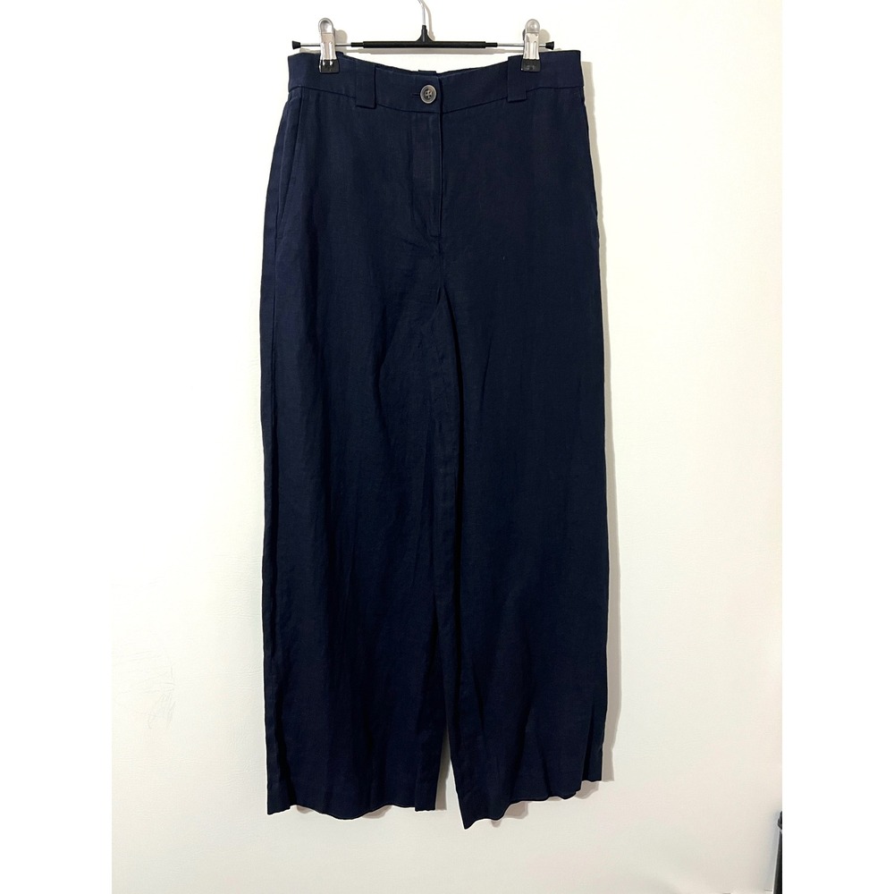 BODEN Wide Leg Pants Womens Navy Blue Linen High Rise Trousers Casual Minimalist